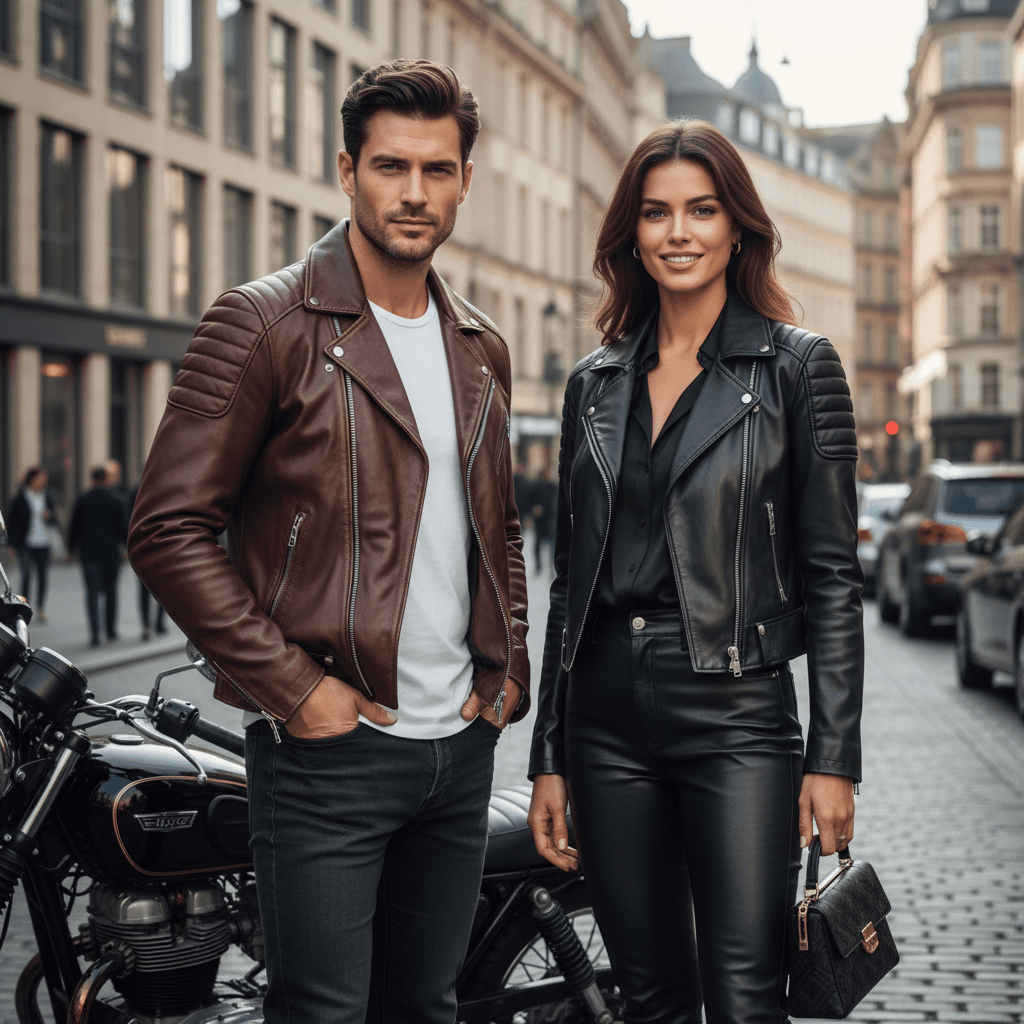 A collage of celebrities wearing iconic leather jackets