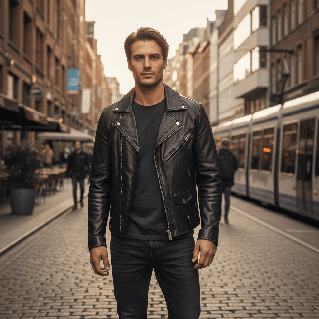 A collection of men's leather jackets and apparel