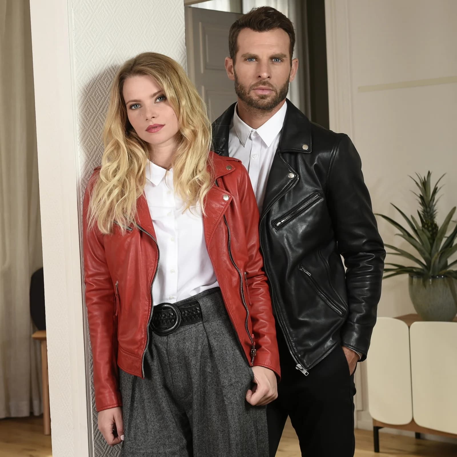 A model wearing a stylish, lightweight leather jacket