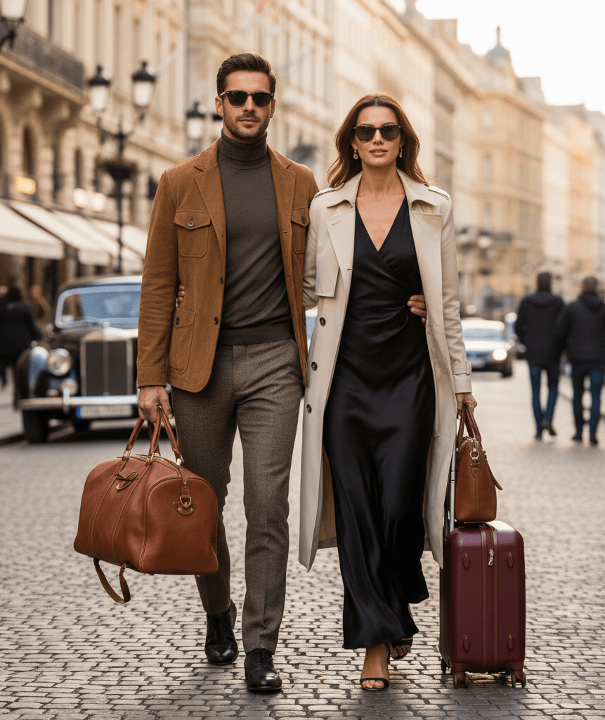 A collection of leather duffel bags, backpacks, and travel accessories