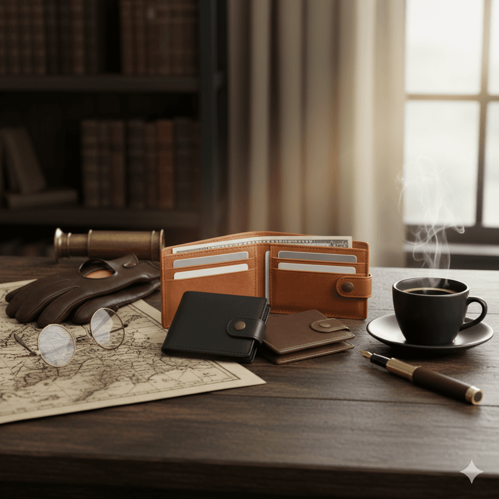 A collection of men's bifold and cardholder leather wallets