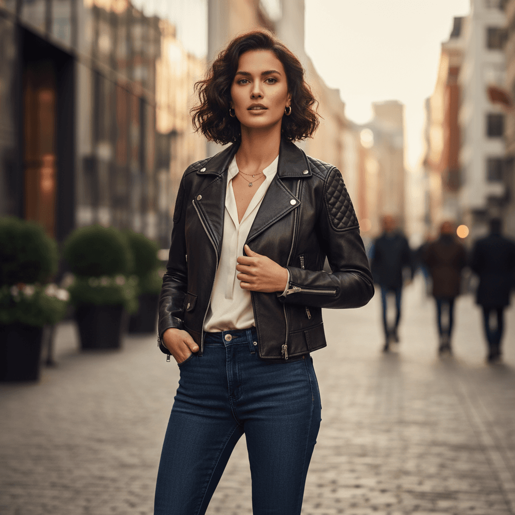 A collection of women's leather jackets and handbags