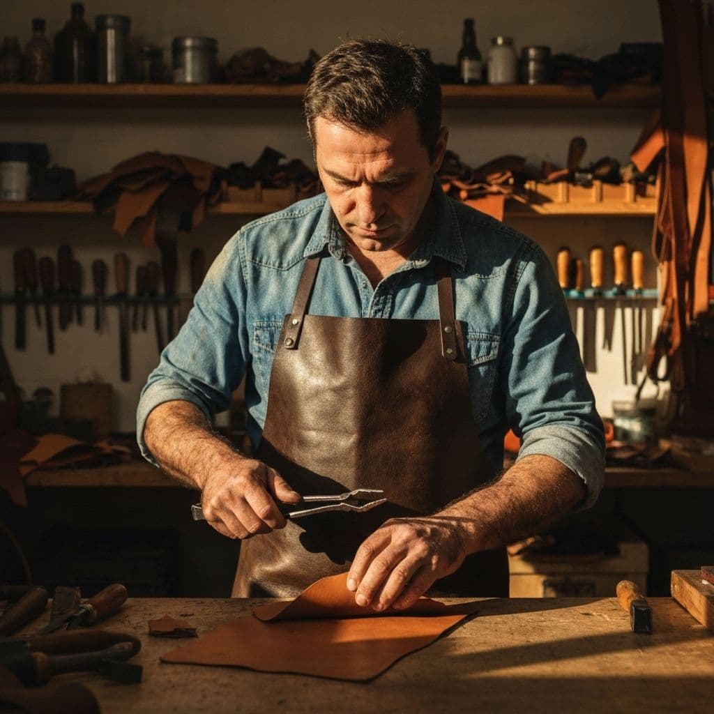 A Velle Hide craftsman hand-working a leather panel at the bench