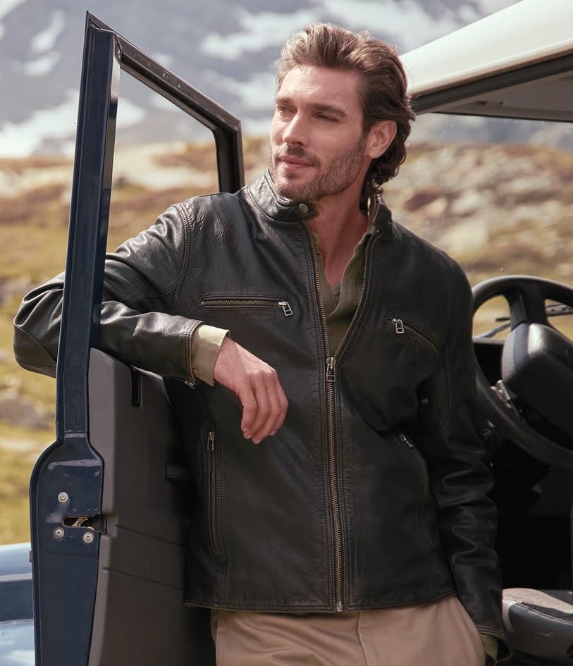 Woman wearing a distressed leather jacket