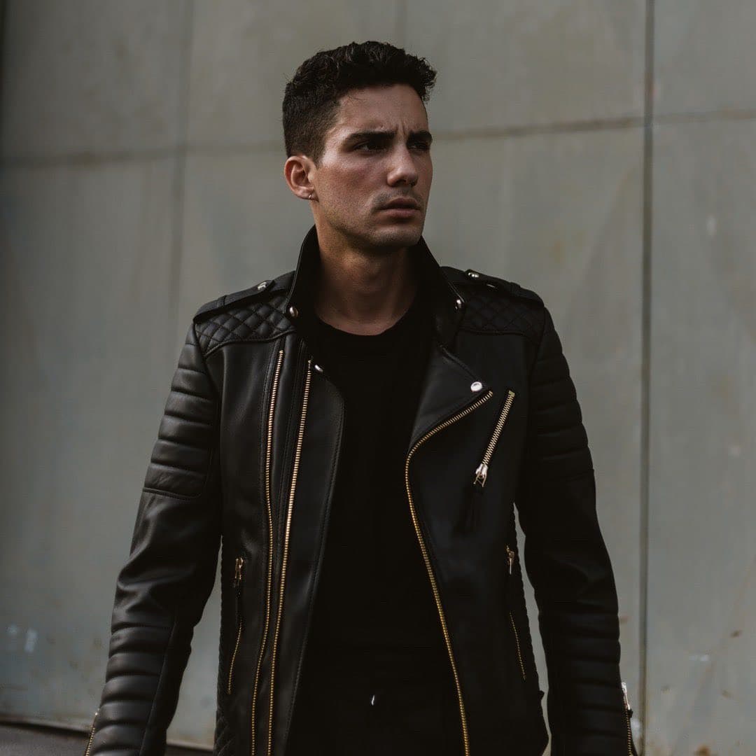 Customer in olive leather jacket